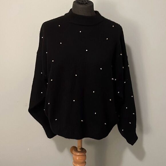 H&M Womens Black Faux Pearl Embellished Mock Neck Wool Blend Pullover Sweater XS - Picture 1 of 8